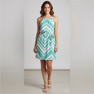 Chevron Patterned Halter Teal Church Belted All Occasions Breezy Beach Spring